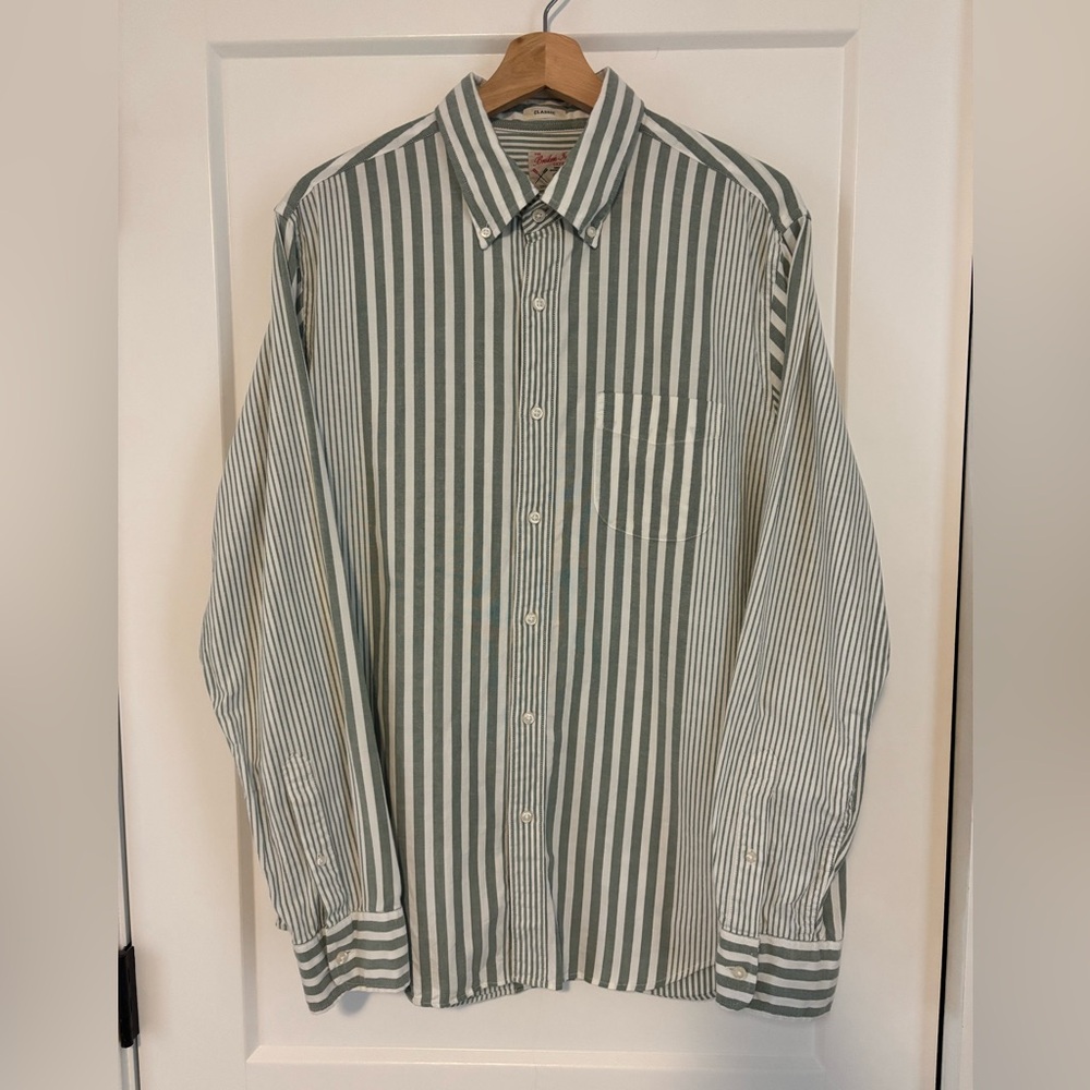 J Crew Green Stripe Classic Fit Organic Cotton Oxford Shirt